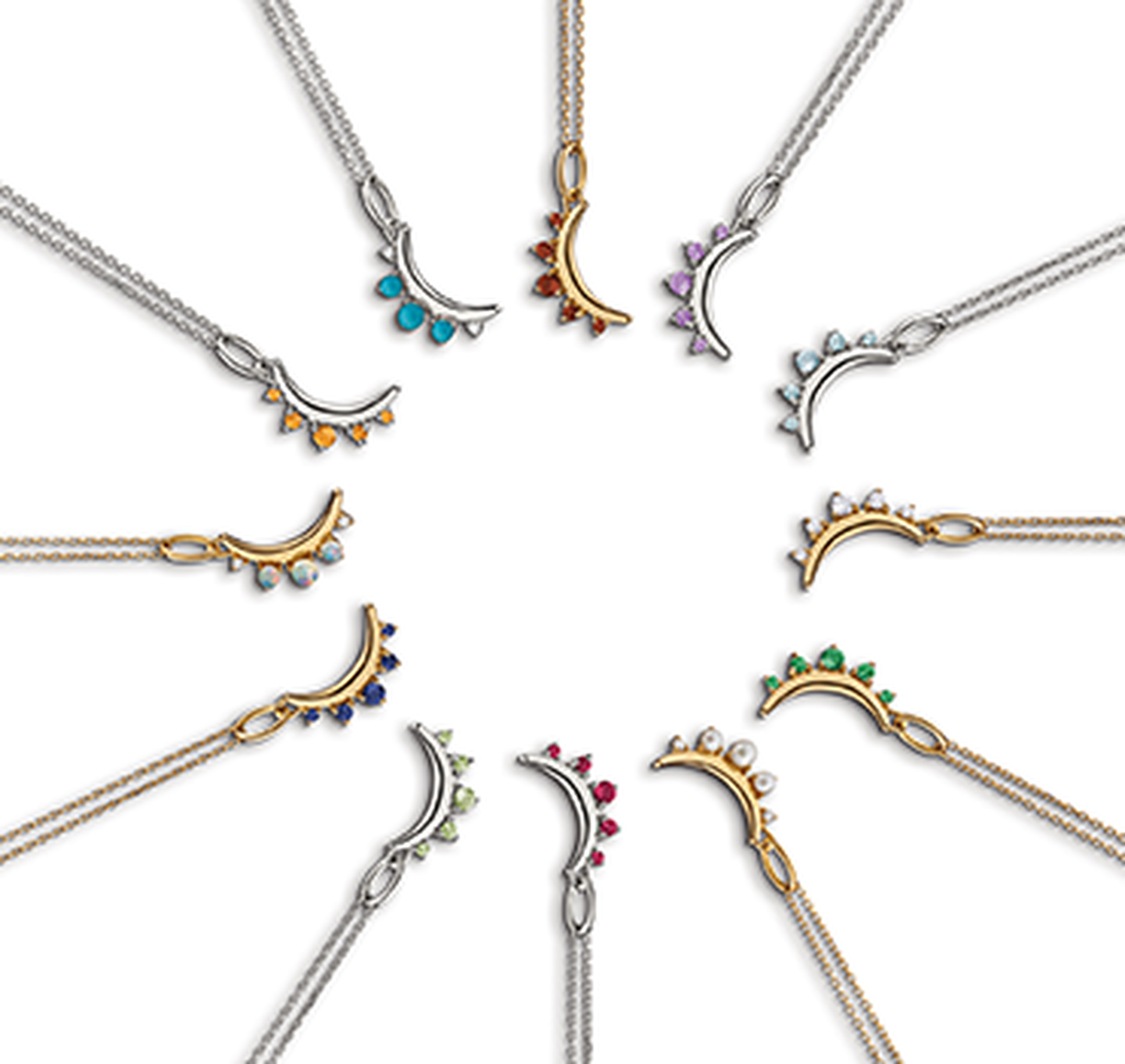 A circle of Monica Rich Kosann birthstone necklaces.